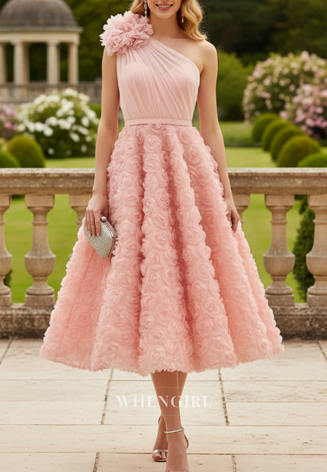 Blush Pink One Shoulder 3D Floral Tulle Midi Cocktail Dress
