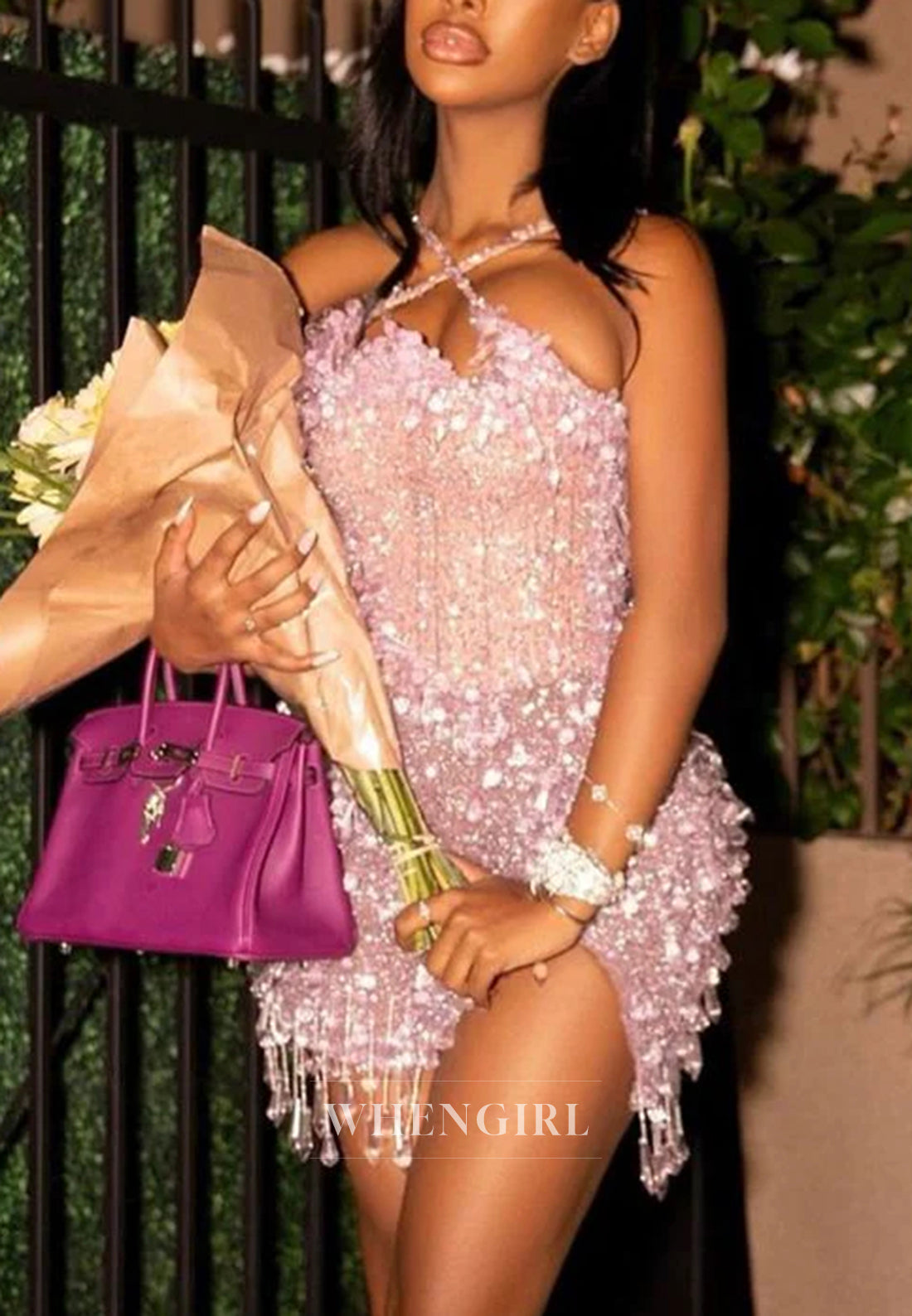 Pale Blush Cross Neck Sleeveless Sheath Side Slit Crystal Mini Homecoming Dress