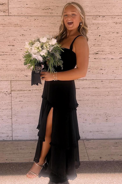 A-Line Orange Prom Dress Tiered Ruffles Straps Satin Sleeveless