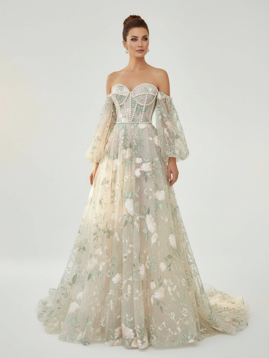 A-Line Light Green Sweetheart Pearl Wedding Dress