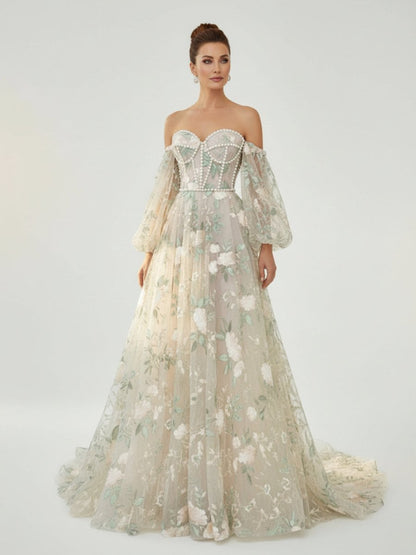 A-Line Light Green Sweetheart Pearl Wedding Dress