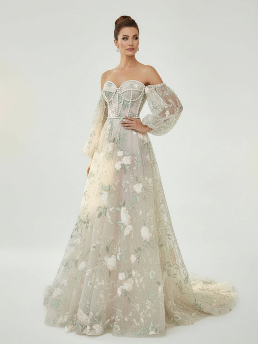 A-Line Light Green Sweetheart Pearl Wedding Dress