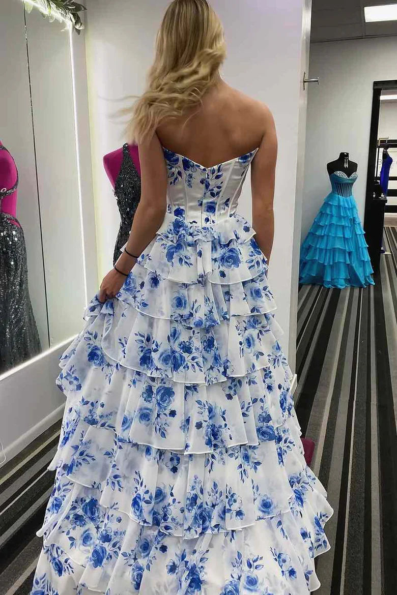 A-Line Long V-Neck Tiered Print Prom Dress Blue Strapless