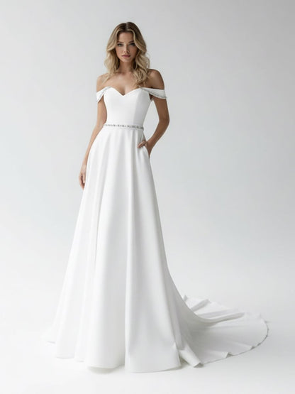 A-Line Off the Shoulder Beaded Wedding Dress