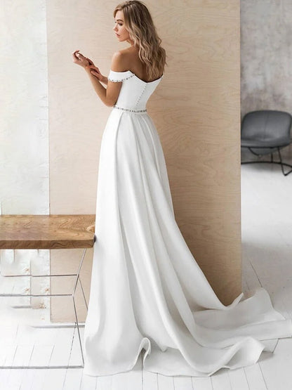 A-Line Off the Shoulder Beaded Wedding Dress