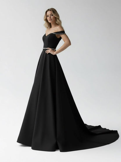 A-Line Off the Shoulder Beaded Wedding Dress