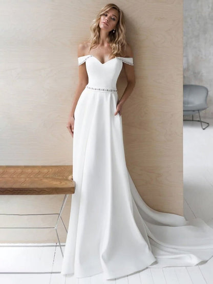 A-Line Off the Shoulder Beaded Wedding Dress