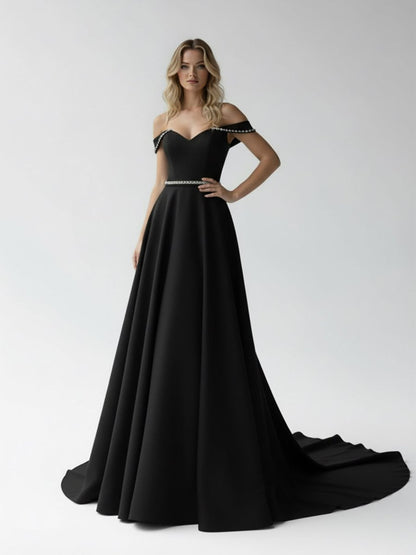 A-Line Off the Shoulder Beaded Wedding Dress