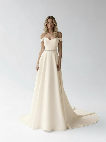A-Line Off the Shoulder Beaded Wedding Dress
