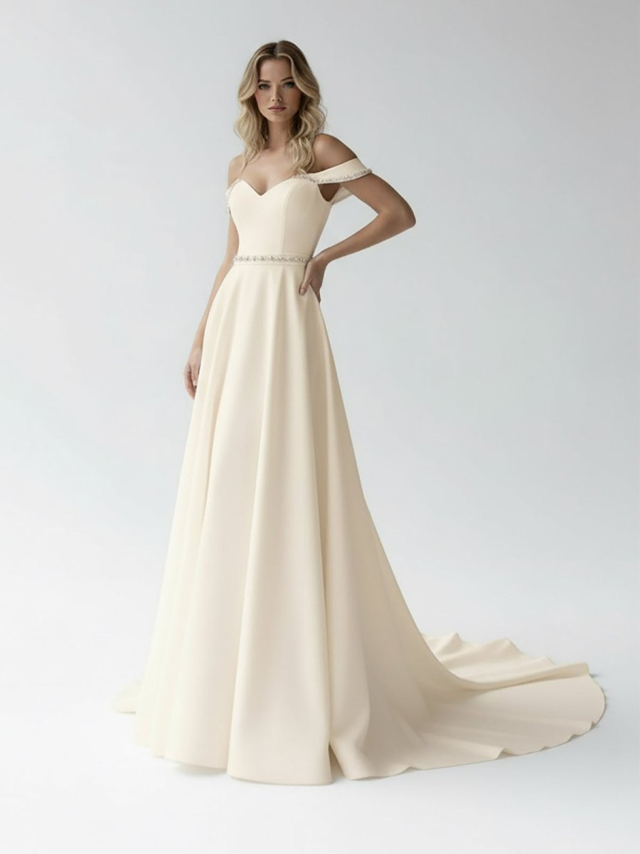 A-Line Off the Shoulder Beaded Wedding Dress