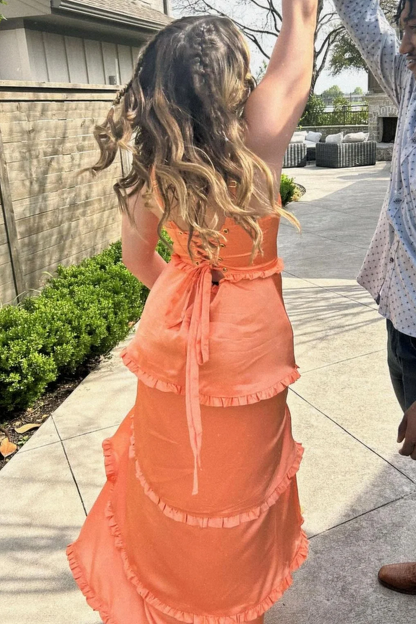 A-Line Orange Prom Dress Tiered Ruffles Straps Satin Sleeveless