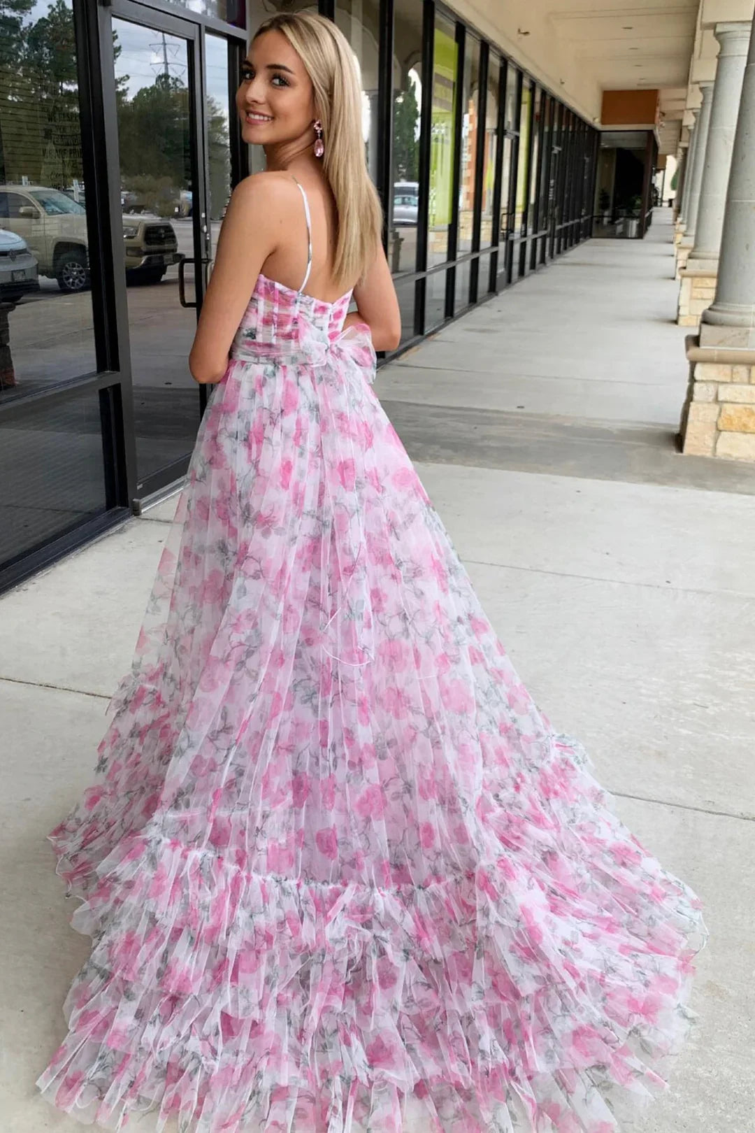 A-Line Pink Printed Formal Dress US Halter with Keyhole Summer Maxi Dress