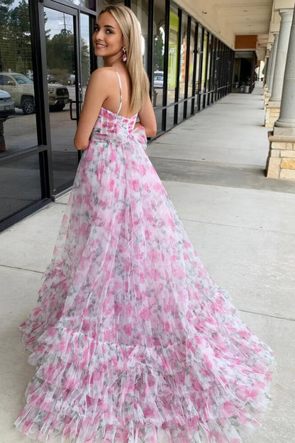 A-Line Pink Printed Formal Dress US Halter with Keyhole Summer Maxi Dress