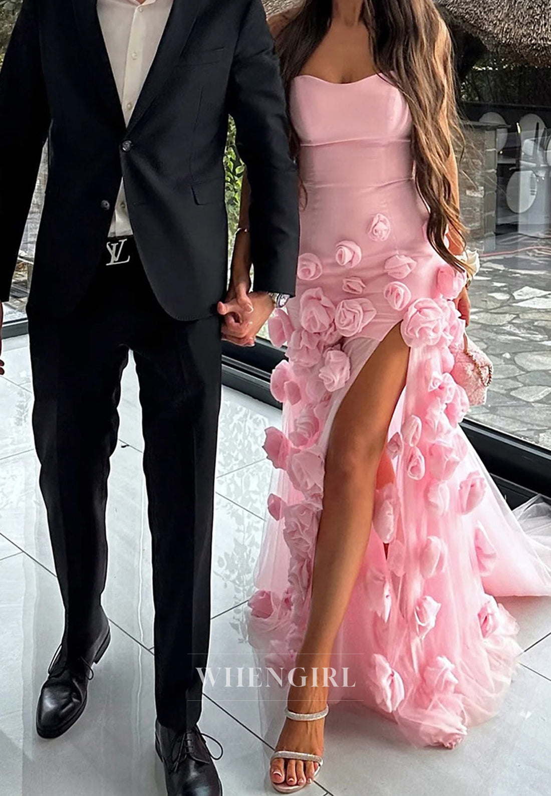 Glamorous Sweetheart Sleeveless High Slit Floral Fitted Evening Party Dress with Train
