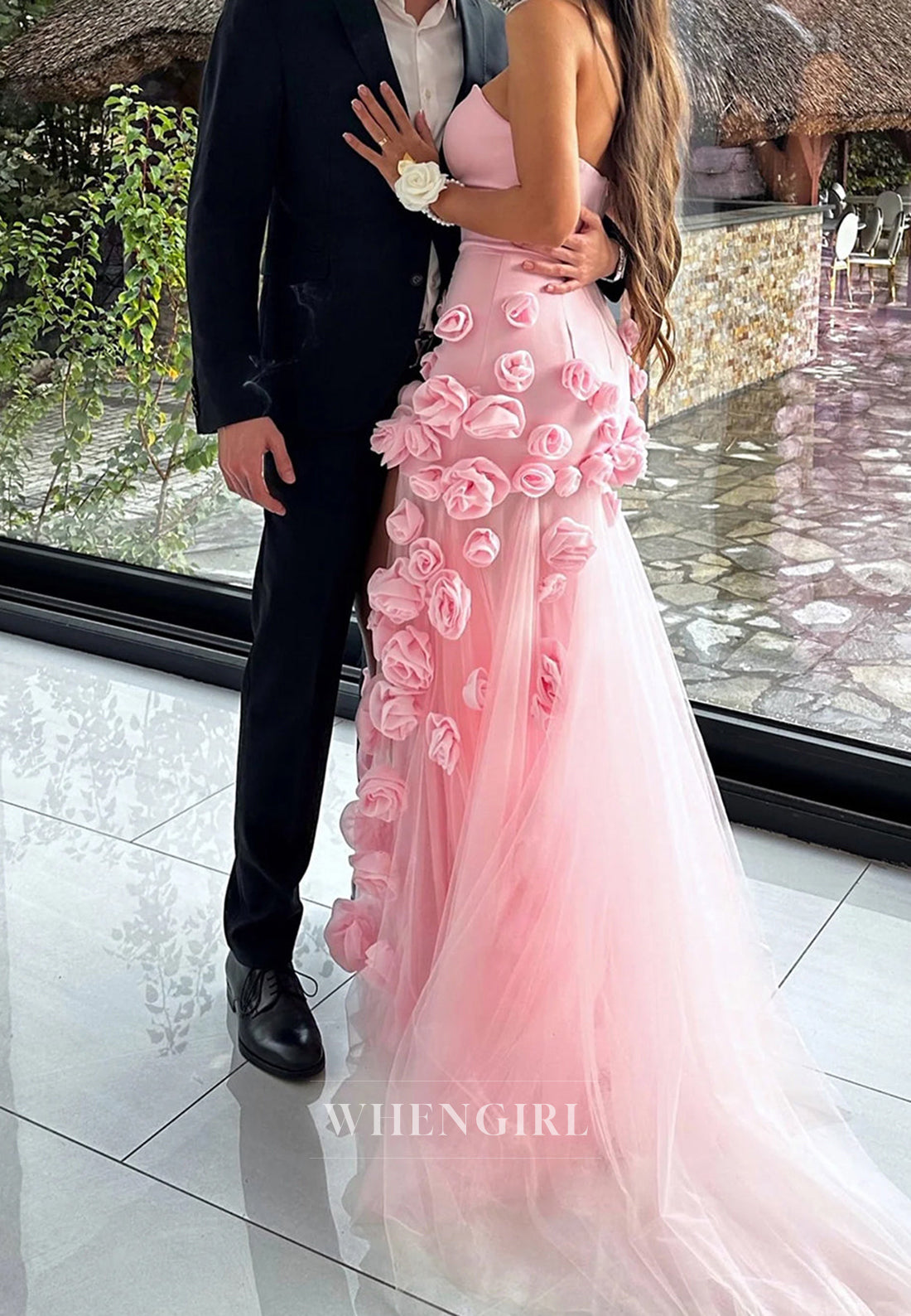 Glamorous Sweetheart Sleeveless High Slit Floral Fitted Evening Party Dress with Train