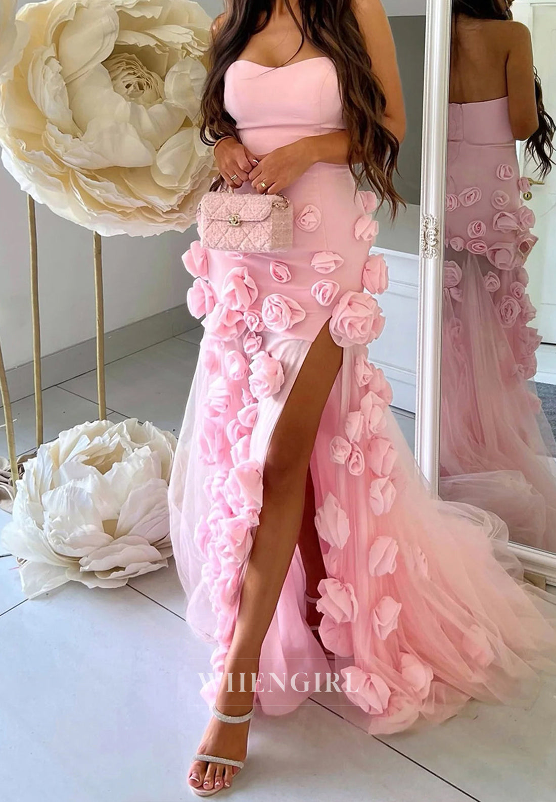 Glamorous Sweetheart Sleeveless High Slit Floral Fitted Evening Party Dress with Train