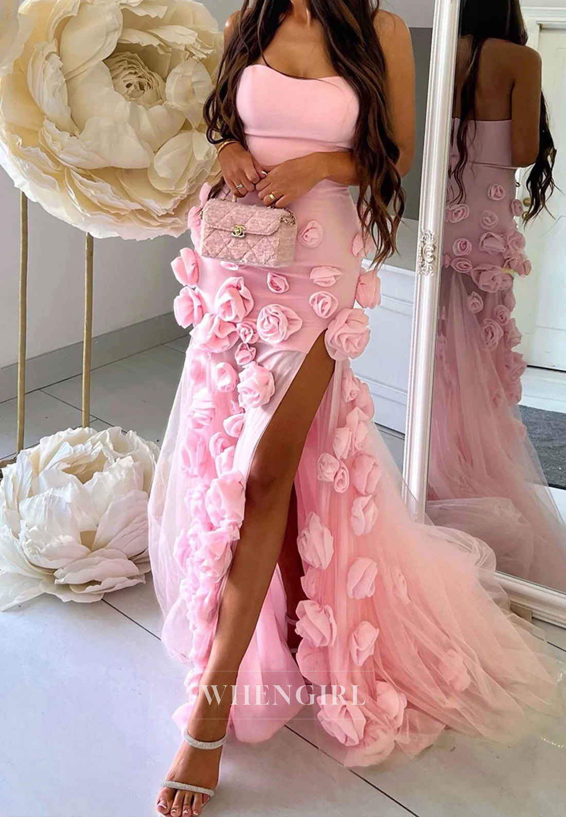 Glamorous Sweetheart Sleeveless High Slit Floral Fitted Evening Party Dress with Train