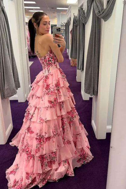 A-line Tiered Floral Pink Prom Dress US Sweetheart with Ruffles
