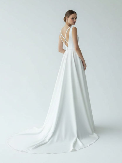 A-Line White Satin Elegant V Neck Wedding Dress