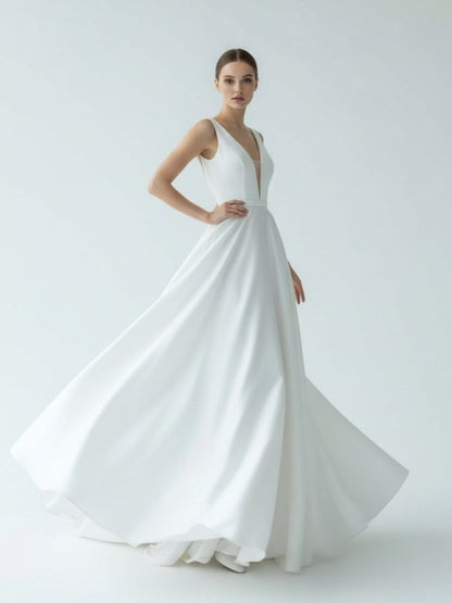 A-Line White Satin Elegant V Neck Wedding Dress
