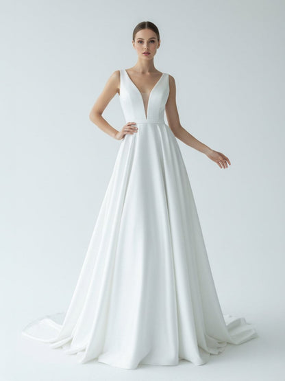 A-Line White Satin Elegant V Neck Wedding Dress