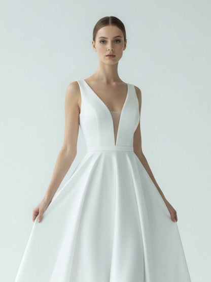 A-Line White Satin Elegant V Neck Wedding Dress