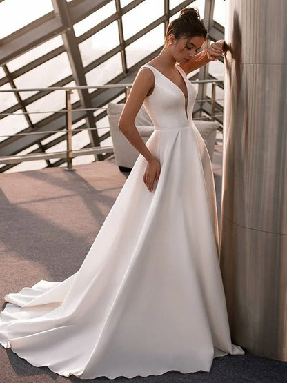 A-Line White Satin Elegant V Neck Wedding Dress
