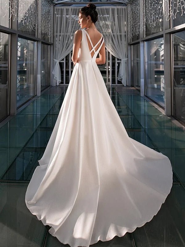 A-Line White Satin Elegant V Neck Wedding Dress