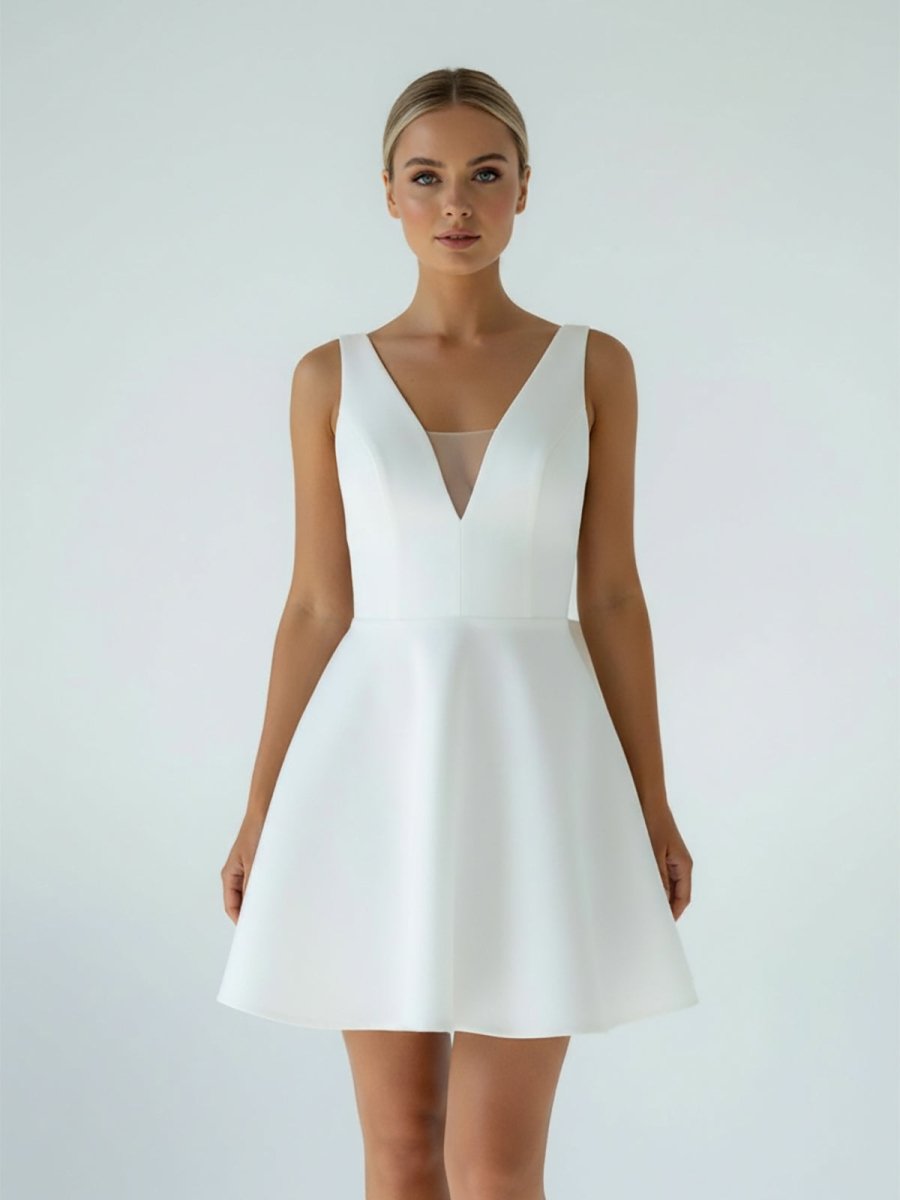 A-Line White Satin V-Neck Short Wedding Dress with Bow