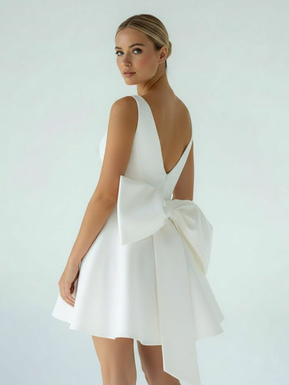 A-Line White Satin V-Neck Short Wedding Dress with Bow