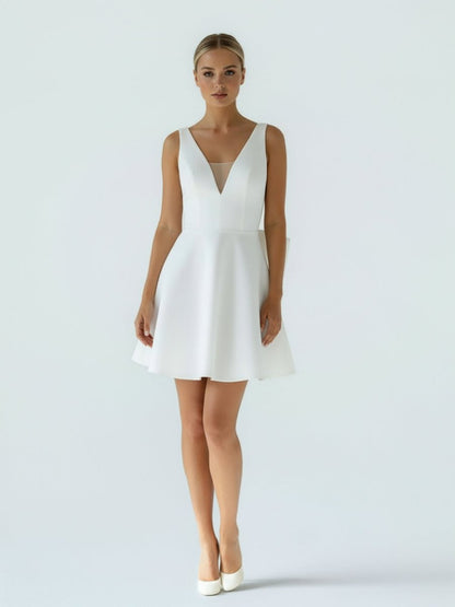 A-Line White Satin V-Neck Short Wedding Dress with Bow