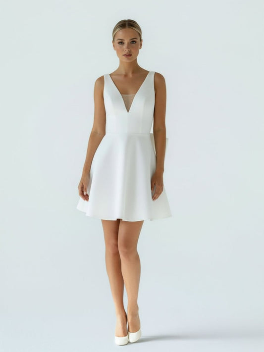 A-Line White Satin V-Neck Short Wedding Dress with Bow