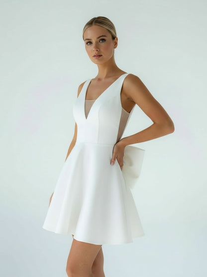 A-Line White Satin V-Neck Short Wedding Dress with Bow