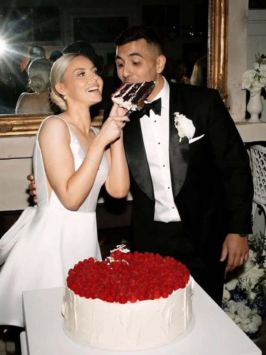 A-Line White Satin V-Neck Short Wedding Dress with Bow