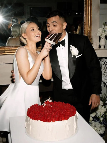 A-Line White Satin V-Neck Short Wedding Dress with Bow