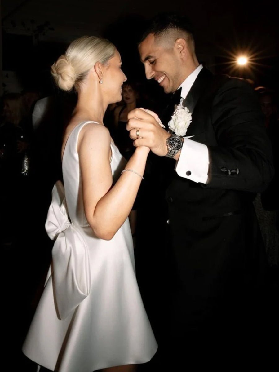 A-Line White Satin V-Neck Short Wedding Dress with Bow