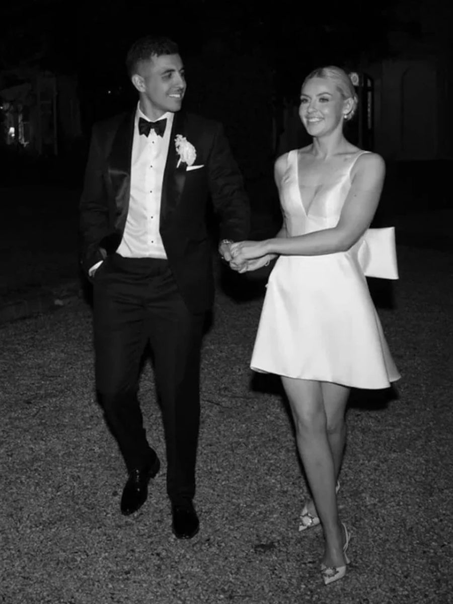 A-Line White Satin V-Neck Short Wedding Dress with Bow