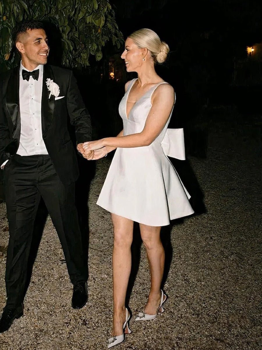 A-Line White Satin V-Neck Short Wedding Dress with Bow