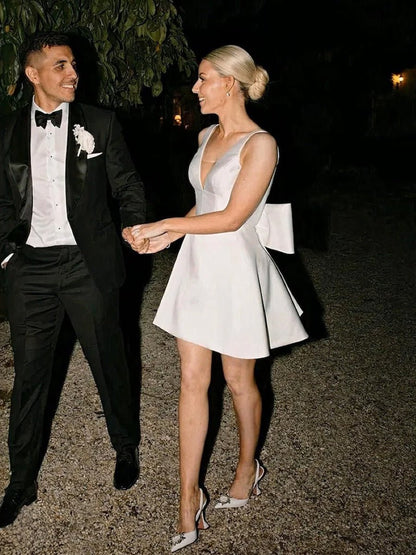 A-Line White Satin V-Neck Short Wedding Dress with Bow