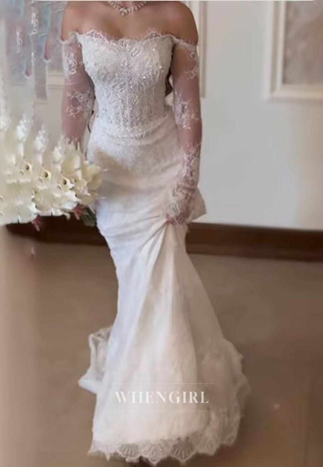 Mermaid Beaded Off Shoulder Long Sleeves Lace Wedding Dress