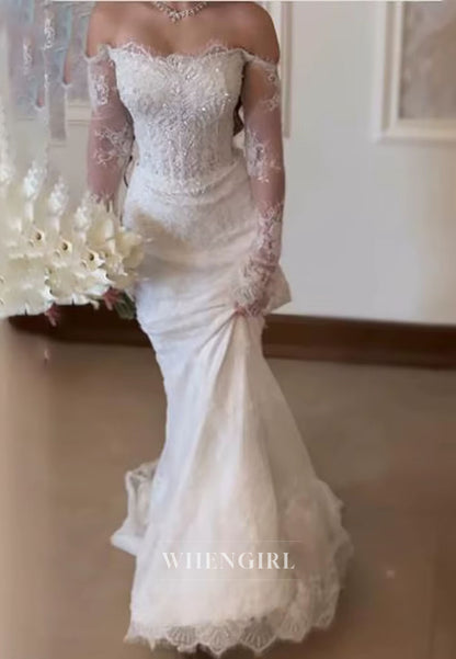 Mermaid Beaded Off Shoulder Long Sleeves Lace Wedding Dress