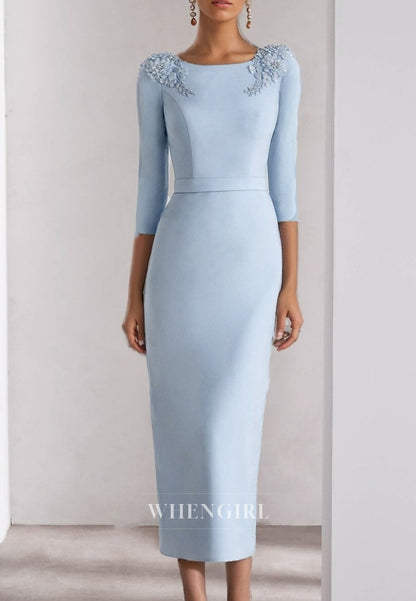 Sky Blue Bateau Neck 3/4 Sleeves Flower Back Zipper Sheath Mother of the Bride Dress