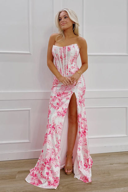 Cute Merrmaid Scoop Neck Floral Satin Long Slit Prom Dress