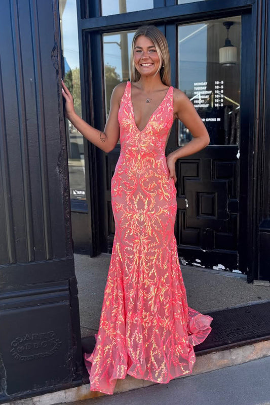 Sparkly Mermaid V Neck Coral Sequin Lace Prom Dress