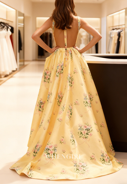 Daffodil Beaded Square Neck Sleeveless Floral Prom Dress