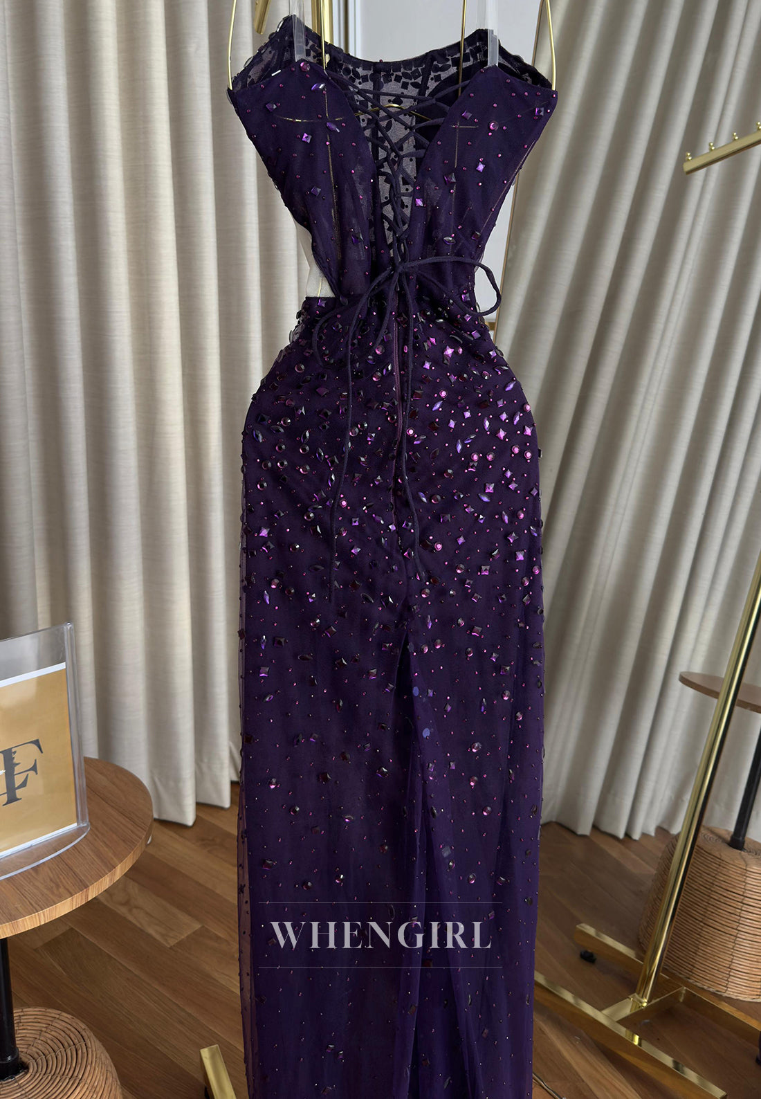 Sheath Full Beaded Strapless Sleeveless Pleated Side Slit Formal Prom Dress