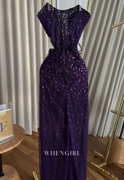 Sheath Full Beaded Strapless Sleeveless Pleated Side Slit Formal Prom Dress