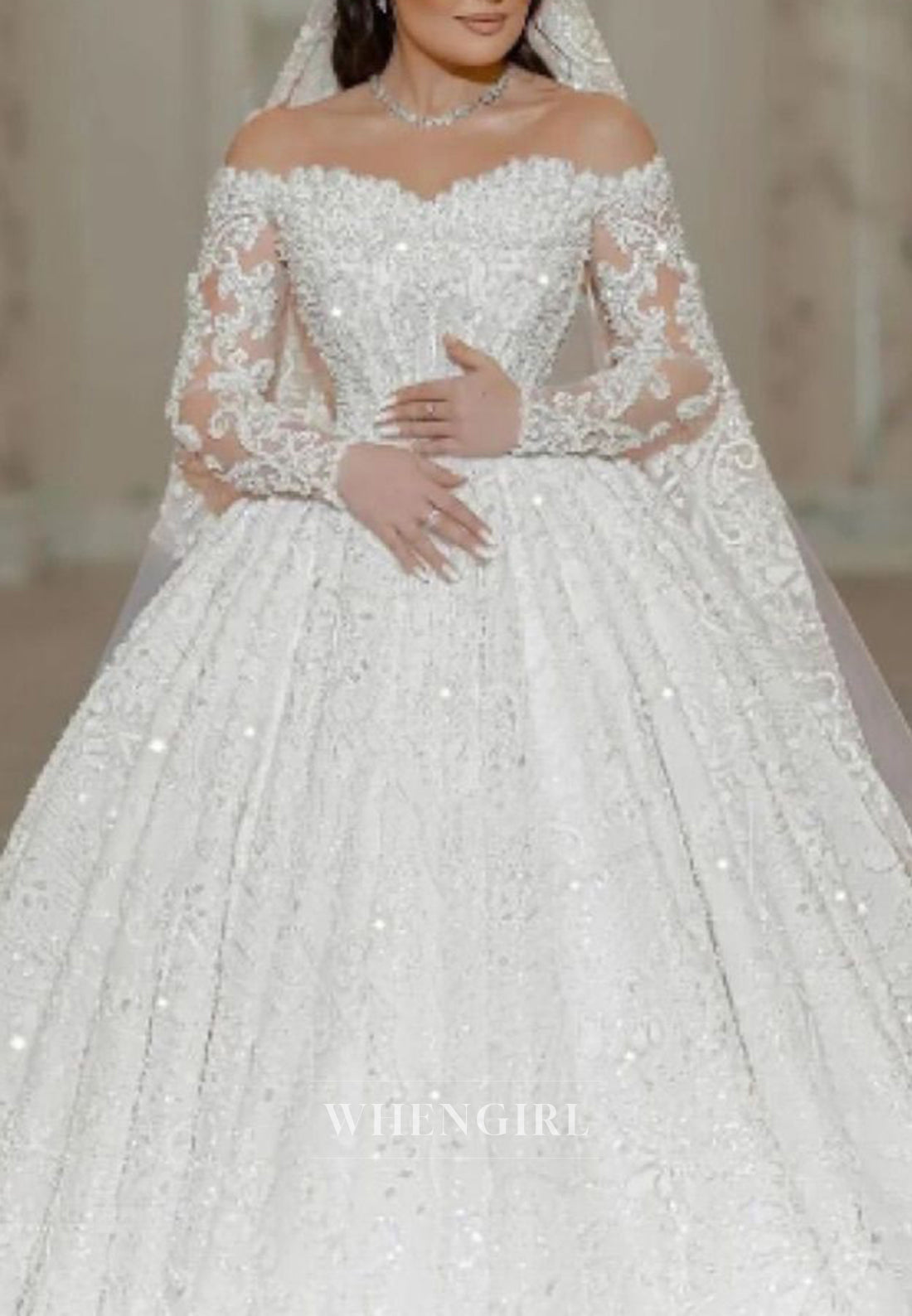 Luxury Off Shoulder Long Sleeves Beade Ball Gown Wedding Dress with Cathedral Train