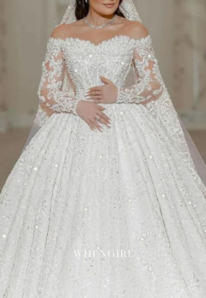 Luxury Off Shoulder Long Sleeves Beade Ball Gown Wedding Dress with Cathedral Train