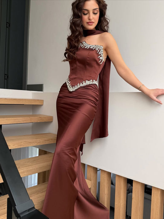 Sleeveless Mermaid Elegant Straight Across Rhinestone Prom Dress With Scarf